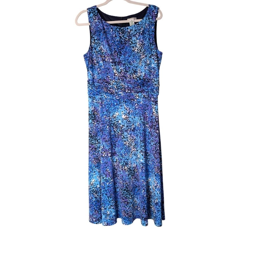 Orvis blue abstract print sleeveless midi dress with a ruched or banded waist 14